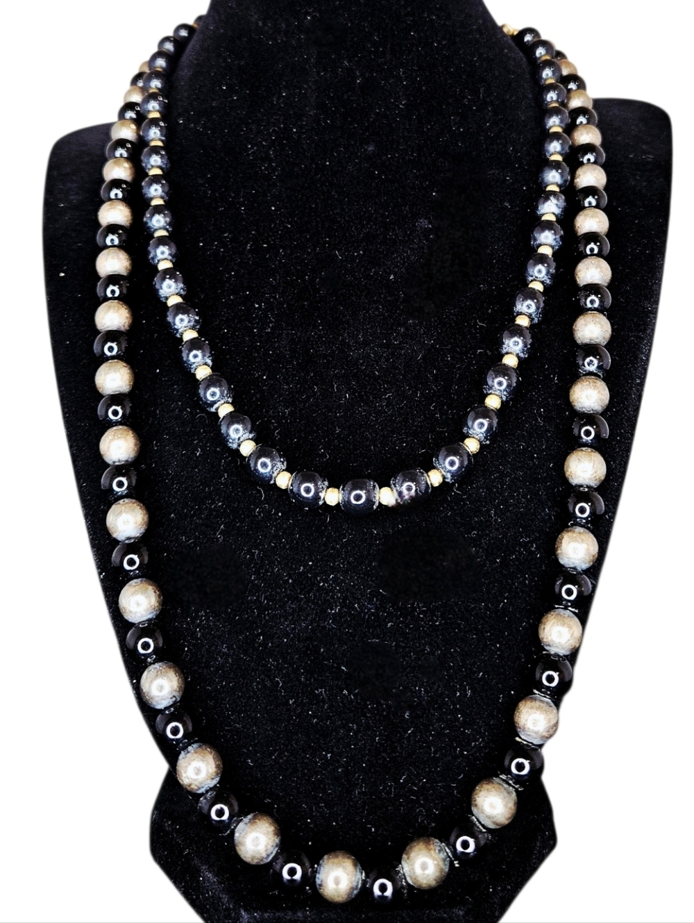 Vintage 2 Necklace set black gold brass beaded EUC 80s 90s coastal grandma